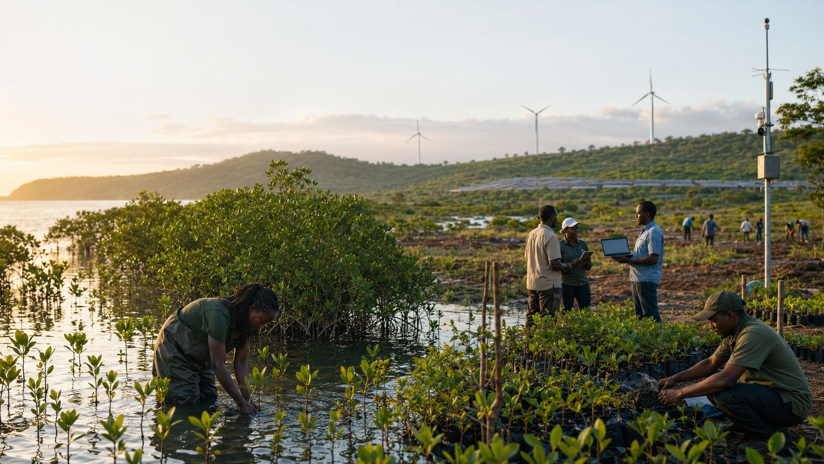 Illustrative climate landscape combining mangrove restoration, renewable energy, monitoring equipment and field teams