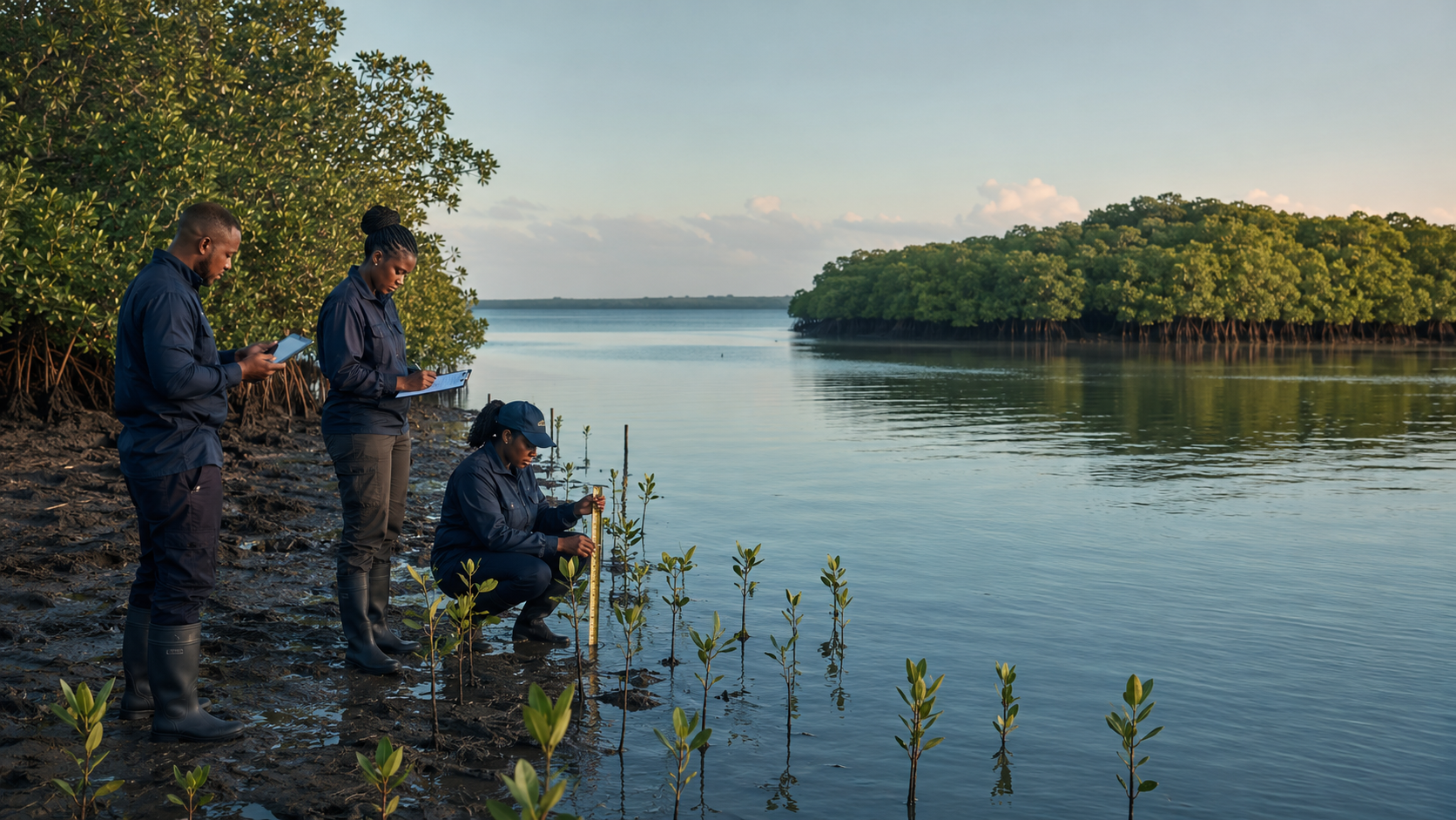 Illustrative field team monitoring young mangroves beside a coastal ecosystem