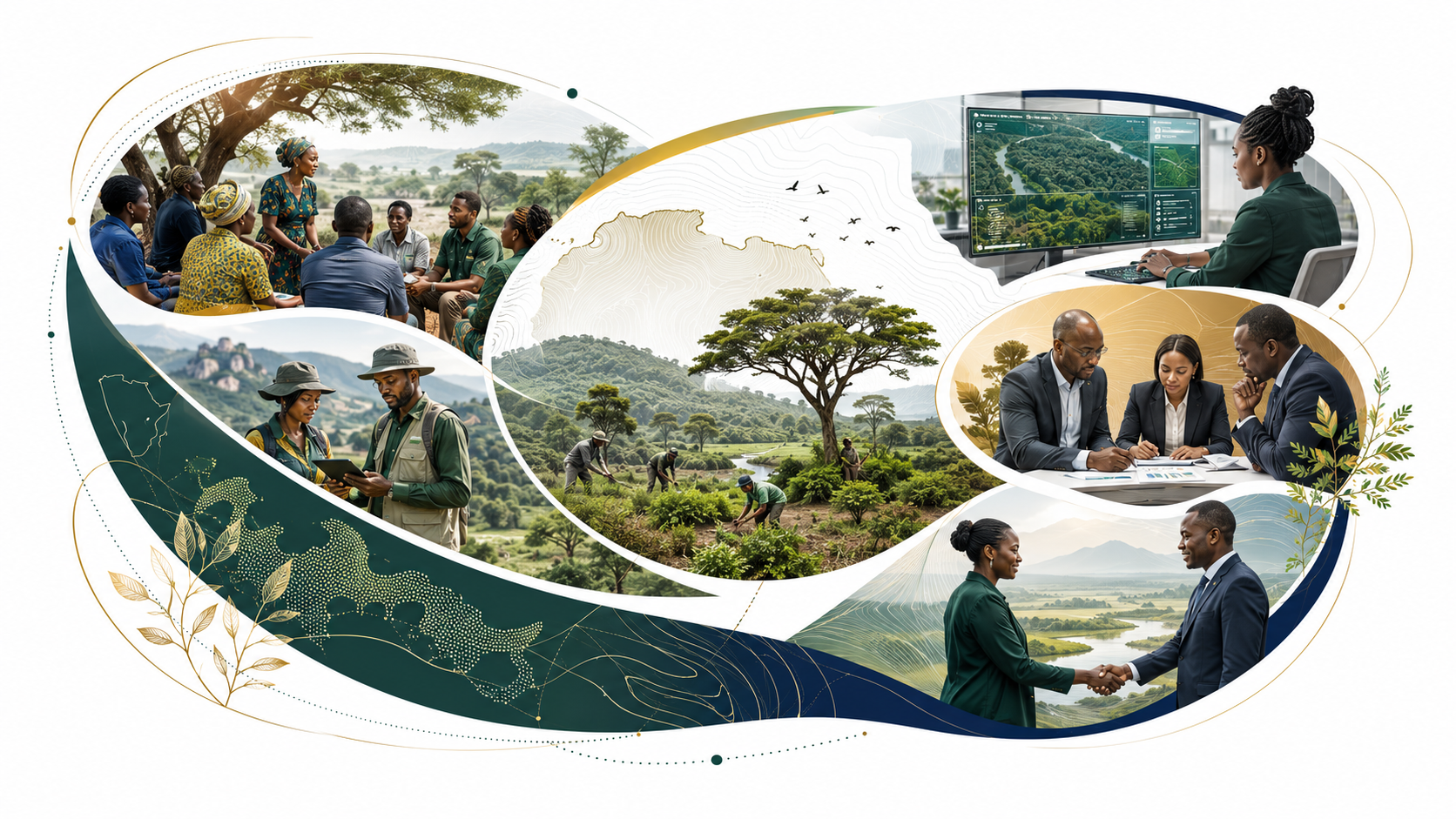 Illustrative montage of African community engagement, field monitoring, nature restoration and climate-finance collaboration